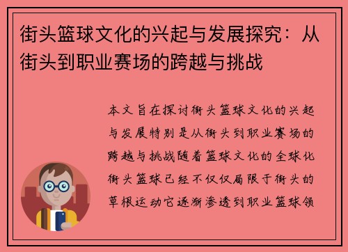 街头篮球文化的兴起与发展探究：从街头到职业赛场的跨越与挑战