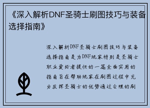 《深入解析DNF圣骑士刷图技巧与装备选择指南》